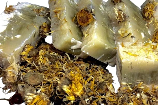 Four Calendula Marigold & cupuaçu Amazon Forest Fruit Organic Soaps/handmade, scented soap bars, moisturizing coconut oil & sustainable palm oil, natural colorants, vegetable oils, essential oil, flower, vegan, homemade, handcrafted - Florida Soap Candle