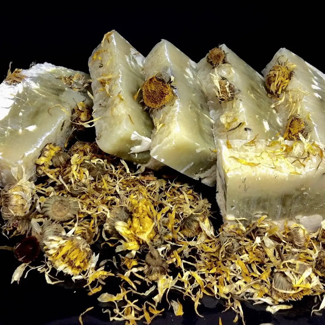 Four Calendula Marigold & cupuaçu Amazon Forest Fruit Organic Soaps/handmade, scented soap bars, moisturizing coconut oil & sustainable palm oil, natural colorants, vegetable oils, essential oil, flower, vegan, homemade, handcrafted - Florida Soap Candle