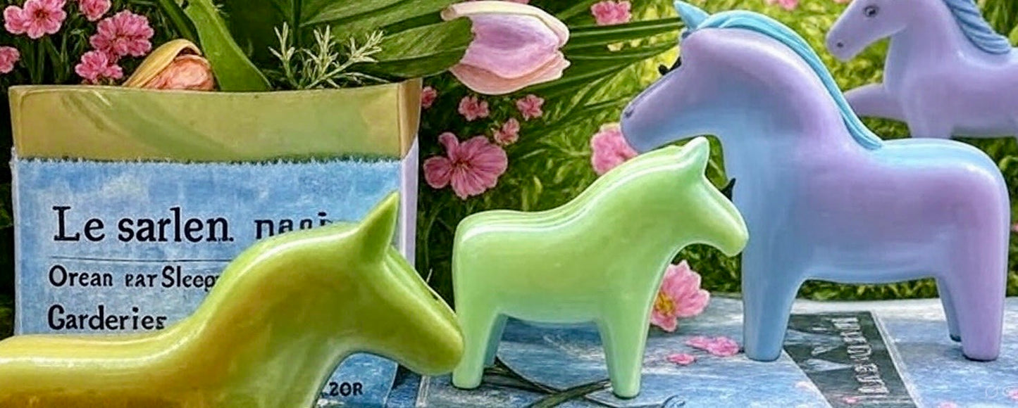 Three concrete eco resin horses/ponies shaped big, medium and small