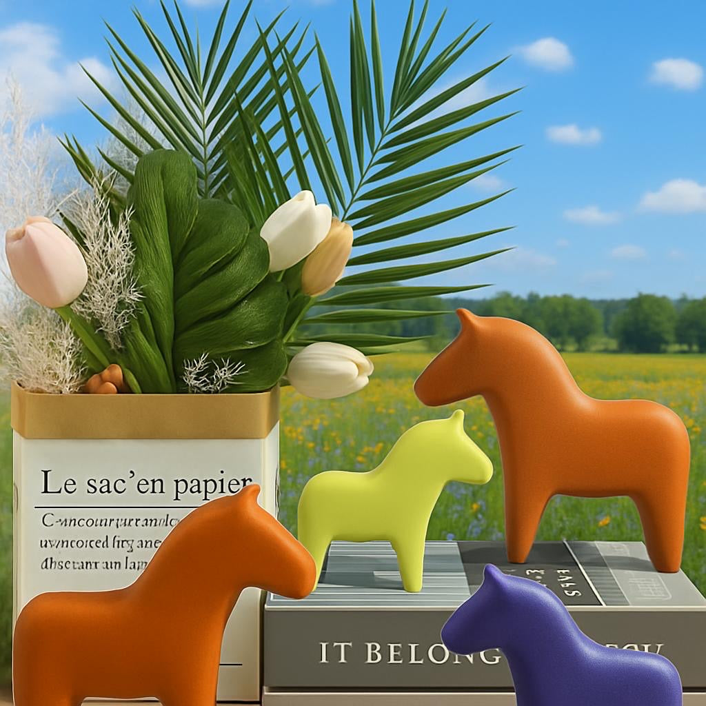 Three concrete eco resin horses/ponies shaped big, medium and small