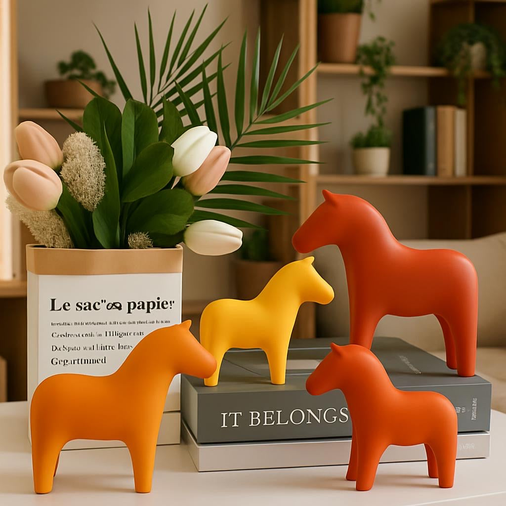 Three concrete eco resin horses/ponies shaped big, medium and small