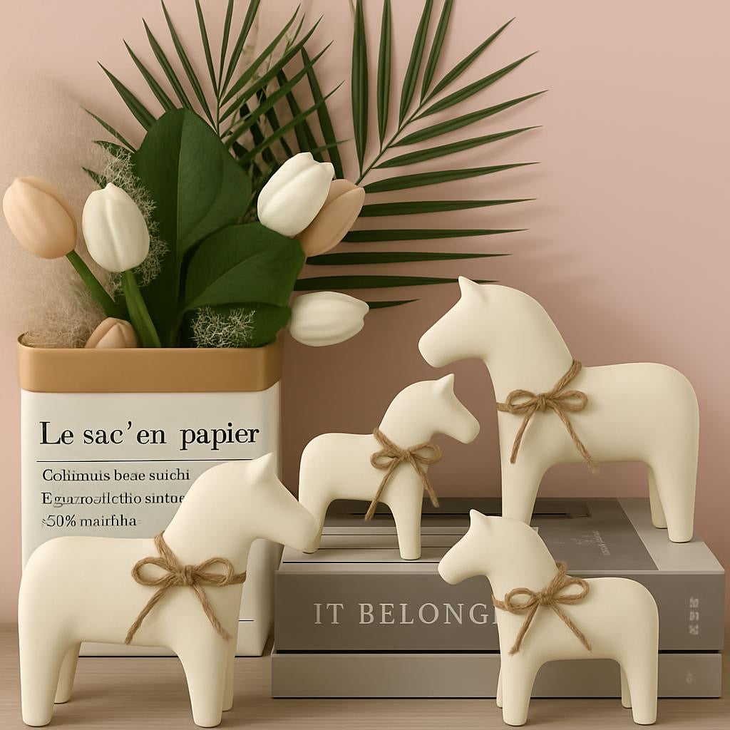 Three concrete eco resin horses/ponies shaped big, medium and small