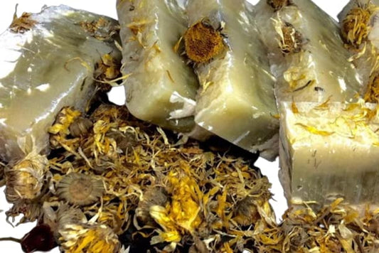 Four Calendula Marigold & cupuaçu Amazon Forest Fruit Organic Soaps/handmade, scented soap bars, moisturizing coconut oil & sustainable palm oil, natural colorants, vegetable oils, essential oil, flower, vegan, homemade, handcrafted - Florida Soap Candle