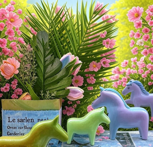 Three concrete eco resin horses/ponies shaped big, medium and small