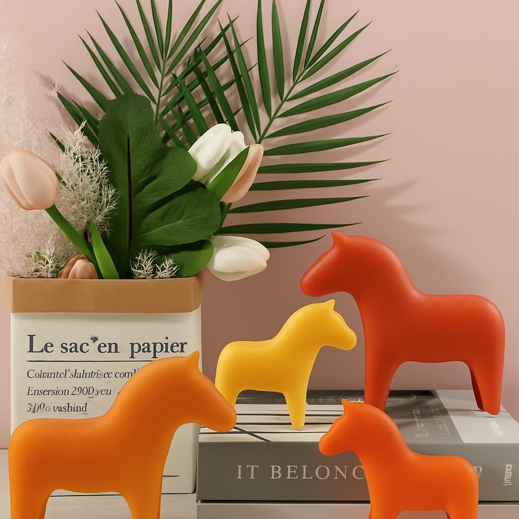 Three concrete eco resin horses/ponies shaped big, medium and small