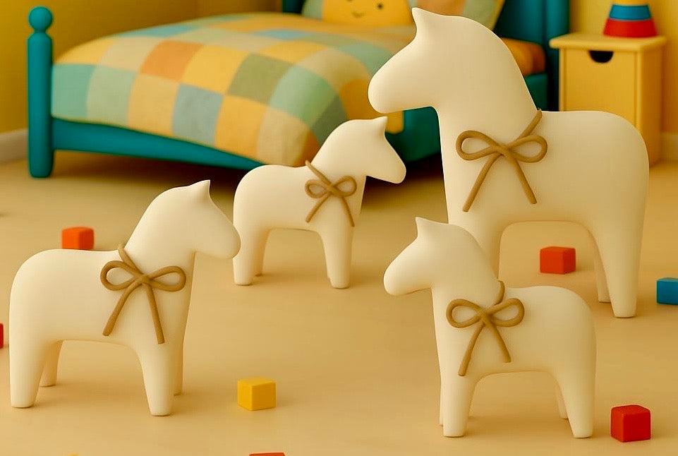 Three concrete eco resin horses/ponies shaped big, medium and small